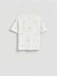 T-shirt z aplikacją - biały. Białe t-shirty damskie Reserved, l, z aplikacjami, z bawełny, bez kołnierzyka. Za 89.99 zł.