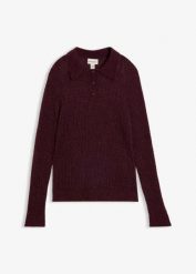 Sweter polo z miękkiej dzianiny ażurowej. Brązowe swetry klasyczne damskie bonprix, z dzianiny, bez kołnierzyka. Za 219.99 zł.