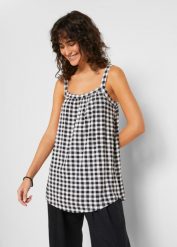 Top w fasonie o linii litery A, w kratę. Czarne topy damskie bonprix, bez wzorów, bez kołnierzyka. Za 59.99 zł.