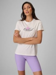 4F T-shirt regular z nadrukiem damski - biały L. Białe t-shirty damskie 4f, l, bez wzorów, z bawełny, bez kołnierzyka. Za 69.99 zł.