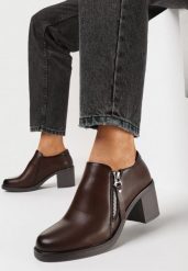 Ciemnobrązowe Półbuty z Ozdobnym Suwakiem na Niskim Słupku Eberpia. Brązowe półbuty damskie Born2be, bez wzorów, biznesowe, bez obcasa, na słupku. Za 139.99 zł.