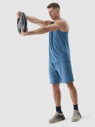 4F Spodenki treningowe szybkoschnące męskie - niebieskie L. Niebieskie szorty sportowe męskie 4f, l, z dzianiny, na fitness i siłownię. W wyprzedaży za 49.99 zł.