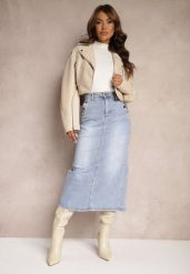 Jasnoniebieska Jeansowa Spódnica High Waist z Nitami Przy Kieszeniach Nellajoy. Niebieskie spódniczki damskie Renee, m, bez wzorów, z jeansu, eleganckie, z podwyższonym stanem, midi, koszulowe. Za 89.99 zł.