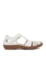 Rieker Sandały CEO-45869-81 Biały. Białe sandały damskie Rieker, bez wzorów, ze skóry, bez obcasa, na płaskiej podeszwie. Za 339.99 zł.