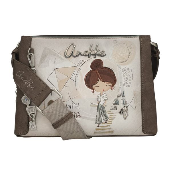 Torebka damska Anekke, na ramię z dekoracyjnym nadrukiem i metalowym logo zapinana na zamek z szerokim regulowanym paskiem oraz ozdobnym brelokiem, b. Brązowe torebki klasyczne damskie Anekke, bez wzorów, z nadrukiem, bez dodatków. Za 339.00 zł.