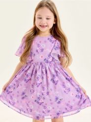 Rozkloszowana sukienka z motywem kwiatowym - fioletowy. Fioletowe sukienki dziewczęce Sinsay, bez wzorów, bez ramiączek. Za 35.99 zł.