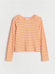 Prążkowana koszulka w paski - różowy. Czerwone koszulki dziewczęce Reserved, bez wzorów, z bawełny, bez ramiączek. W wyprzedaży za 25.99 zł.