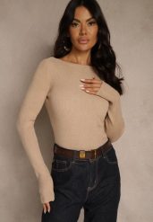 Brązowy Sweter z Wiskozą Ozdobiony Metaliczną Nitką Liatolla. Brązowe swetry klasyczne damskie Renee, s, z jeansu, bez kołnierzyka. Za 79.99 zł.