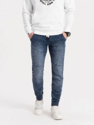 Spodnie męskie marmurkowe JOGGERY z przeszyciami - niebieskie V1 - Rozmiar: XXL. Niebieskie spodnie materiałowe męskie Ombre Clothing, bez wzorów, z bawełny. W wyprzedaży za 69.99 zł.