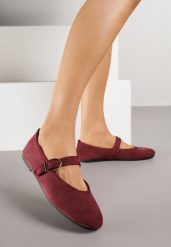 Bordowe Balerinki Mary Jane z Klamrą Zaurg. Czerwone baleriny damskie Renee, bez wzorów, z jeansu, bez obcasa. Za 59.99 zł.