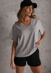 Szary T-shirt Bawełniany z Dekoltem w V Adozixie. Szare t-shirty damskie Renee, bez wzorów, z bawełny, bez kołnierzyka. Za 79.99 zł.