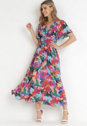 Różowo-Niebieska Rozkloszowana Sukienka Maxi w Kwiatowy Print Ilviza. Czerwone sukienki damskie Born2be, l, bez wzorów, bez kołnierzyka, bez ramiączek, maxi, rozkloszowane. W wyprzedaży za 135.99 zł.