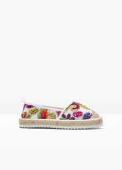 Espadryle. Białe espadryle damskie bonprix, z aplikacjami, bez obcasa. Za 84.99 zł.