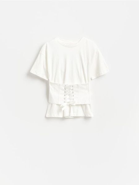 Bawełniany t-shirt z gorsetem - biały. Białe t-shirty damskie Reserved, l, bez wzorów, z bawełny, bez kołnierzyka. Za 119.99 zł.