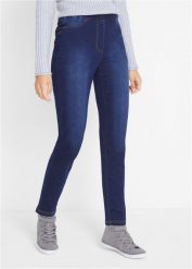 Jegginsy z wysoką talią z wygodnym paskiem, z elastycznego, termoaktywnego materiału. Czarne legginsy damskie bonprix, bez wzorów, z jeansu. Za 129.99 zł.
