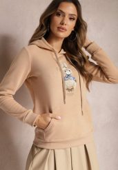 Beżowa Ocieplana Bluza z Ozdobnym Nadrukiem i Kapturem Hitee. Brązowe bluzy z kapturem damskie Renee, l, z dzianiny. Za 79.99 zł.