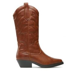 Kowbojki ONLY Shoes. Brązowe kozaki damskie ONLY Shoes, bez obcasa, na słupku. Za 349.99 zł.
