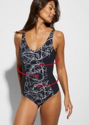 Kostium kąpielowy shape, lekki stopień modelowana sylwetki, z dekoltem w serek. Czarne stroje jednoczęściowe damskie bonprix, bez wzorów. Za 119.99 zł.