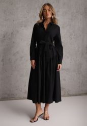 Czarna Sukienka w Koszulowym Stylu z Wiskozą Bawełną i Paskiem Nerigunn. Czarne sukienki damskie Renee, na lato, l, bez wzorów, z bawełny, eleganckie, bez kołnierzyka, bez ramiączek, maxi, koszulowe. Za 199.99 zł.