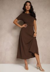 Brązowa Sukienka o Rozkloszowanym Kroju z Ozdobnym Paskiem Desiliena. Brązowe sukienki damskie Renee, na spotkanie biznesowe, m, bez wzorów, z denimu, eleganckie, bez kołnierzyka, bez ramiączek, maxi, kopertowe. W wyprzedaży za 103.99 zł.