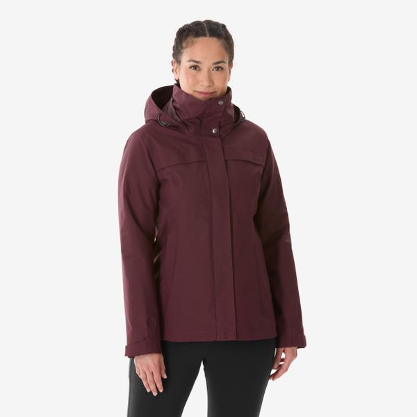 Kurtka turystyczna damska zimowa Quechua NH100 3w1 0°C wodoodporna. Fioletowe kurtki przeciwdeszczowe damskie QUECHUA, na zimę, m, z kapturem. Za 299.99 zł.