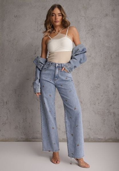 Niebieskie Szerokie Jeansy z Bawełną High Waist z Haftowanym Wzorem Donlopes. Niebieskie jeansy damskie Renee, z podwyższonym stanem. Za 119.99 zł.