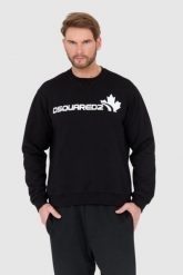 DSQUARED2 Czarna bluza męska z białym logo z liściem. Czarne bluzy bez kaptura męskie Dsquared2, l. W wyprzedaży za 999.99 zł.