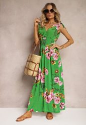 Zielona Sukienka z Wiązanymi Ramiączkami w Kwiatowy Print o Rozkloszowanym Fasonie Talloa. Zielone sukienki damskie Renee, na co dzień, na wiosnę, m, bez wzorów, eleganckie, bez kołnierzyka, bez ramiączek, maxi, kopertowe. W wyprzedaży za 27.99 zł.
