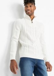 Sweter ze wzorem w warkocze. Białe swetry męskie bonprix, m, bez wzorów, ze skóry, bez kołnierzyka. Za 129.99 zł.
