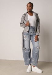 Niebieskie Bawełniane Jeansy Balloon z Wysokim Stanem i z Prztarciami Dziurami Typhaea. Niebieskie jeansy damskie Born2be, z podwyższonym stanem. Za 119.99 zł.