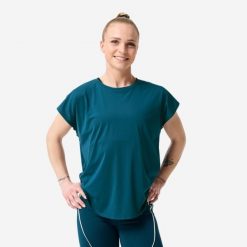 Koszulka fitness damska Domyos krótki rękaw. Niebieskie bluzki sportowe damskie DOMYOS, l, bez wzorów, z materiału, bez ramiączek. Za 59.99 zł.