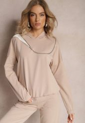 Beżowa Asymetryczna Bluza z Bawełny z Kapturem i Ozdobnym Suwakiem Lueur. Brązowe bluzy z kapturem damskie Renee, z bawełny. Za 79.99 zł.