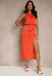 Pomarańczowa Elegancka Sukienka z Marszczeniem Rinastia. Brązowe sukienki damskie Renee, l, bez wzorów, eleganckie, bez kołnierzyka, bez ramiączek, maxi. W wyprzedaży za 111.99 zł.