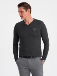 Elegancki sweter męski BASIC V-neck z wiskozą - grafitowy V17 OM-SWBS-0107 - XXL. Szare swetry męskie Ombre Clothing, l, bez wzorów, z wiskozy, bez kołnierzyka. W wyprzedaży za 89.99 zł.