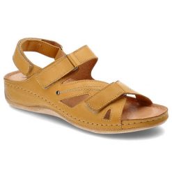 Żółte Sandały Pollonus Damskie Wygodne Obuwie. Żółte sandały damskie Pollonus, z aplikacjami, ze skóry, bez obcasa. Za 249.00 zł.