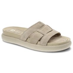 Klapki damskie Nessi, naturalna skóra zamszowa z szerokimi paskami na cholewce profilowaną wkładką, bez, 22213-W4. Brązowe klapki damskie Nessi, bez wzorów, ze skóry, bez obcasa. Za 229.00 zł.