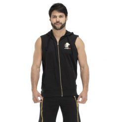 Złota bluza bez rękawów z kapturem. Czarne bluzy sportowe męskie LEONE 1947 APPAREL, bez wzorów, z tkaniny, sportowe, bez kołnierzyka, bez ramiączek. Za 109.46 zł.