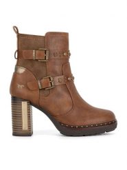Mustang Botki 1336-512 Brązowy. Brązowe botki damskie Mustang, z materiału, bez obcasa, na słupku, bez zapięcia. Za 399.99 zł.