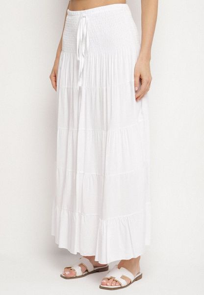 Biała Spódnica z Wiskozą z Wysokim Stanem i Falbanami Ellimee. Białe spódniczki damskie Born2be, l, bez wzorów, z wiskozy, eleganckie, z podwyższonym stanem, maxi. Za 54.99 zł.