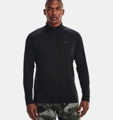 Bluza fitness męska Under Armour Tech 2.0 1/2 Zip. Czarne bluzy sportowe męskie Under Armour, bez wzorów, z materiału, sportowe, bez kołnierzyka, bez ramiączek. Za 206.95 zł.