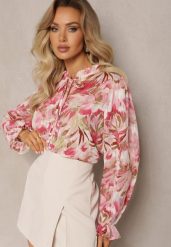 Różowo-Beżowa Koszula z Wiązaniem i Guzikami Ozdobiona Kwiatowym Motywem Fioralba. Czerwone koszule damskie Renee, l, bez wzorów, eleganckie, bez kołnierzyka, bez ramiączek. Za 129.99 zł.