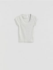 T-shirt slim fit - jasnoszary. Szare t-shirty damskie Reserved, l, bez wzorów, z bawełny, bez kołnierzyka. Za 35.99 zł.
