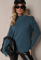 Granatowy Golf z Eleganckim Zapięciem na Ramieniu Ozdobiony Cyrkoniami przy Guzikach Maririna. Niebieskie golfy damskie Renee, bez wzorów, z jeansu, bez ramiączek. Za 64.99 zł.