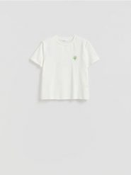T-shirt z koralikami - biały. Białe t-shirty damskie Reserved, l, bez wzorów, z bawełny, bez kołnierzyka. Za 79.99 zł.