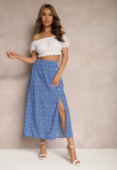 Niebieska Casualowa Spódnica Ozdobiona Guzikami i Wycięciem Fiada. Niebieskie spódniczki damskie Renee, m, bez wzorów, eleganckie, midi, dopasowane. Za 64.99 zł.