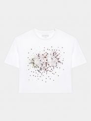 Guess T-Shirt J3YI21 K6YW1 Biały Boxy Fit. Białe koszulki dziewczęce Guess, z aplikacjami, z bawełny, bez ramiączek. Za 179.99 zł.