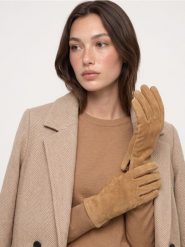 Skórzane rękawiczki zamszowe - beżowy. Brązowe rękawiczki damskie Sinsay, bez wzorów, z zamszu. Za 39.99 zł.