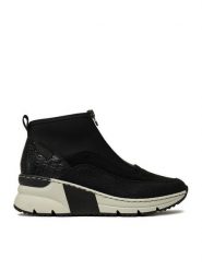 Rieker Botki N6352-00 Czarny. Czarne botki damskie Rieker, z materiału, bez obcasa, na koturnie, bez zapięcia. Za 229.99 zł.