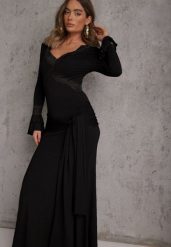 Czarna Wiskozowa Sukienka Wieczorowa z Falbanami Koronką i Wiązanym Trenem Lenivna. Czarne sukienki damskie Renee, na imprezę, m, bez wzorów, z koronki, wizytowe, bez kołnierzyka, bez ramiączek, maxi. Za 199.99 zł.