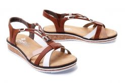 RIEKER V3657-81 brown combination, sandały damskie. Brązowe sandały damskie Rieker, bez wzorów, bez obcasa, na koturnie. Za 255.92 zł.